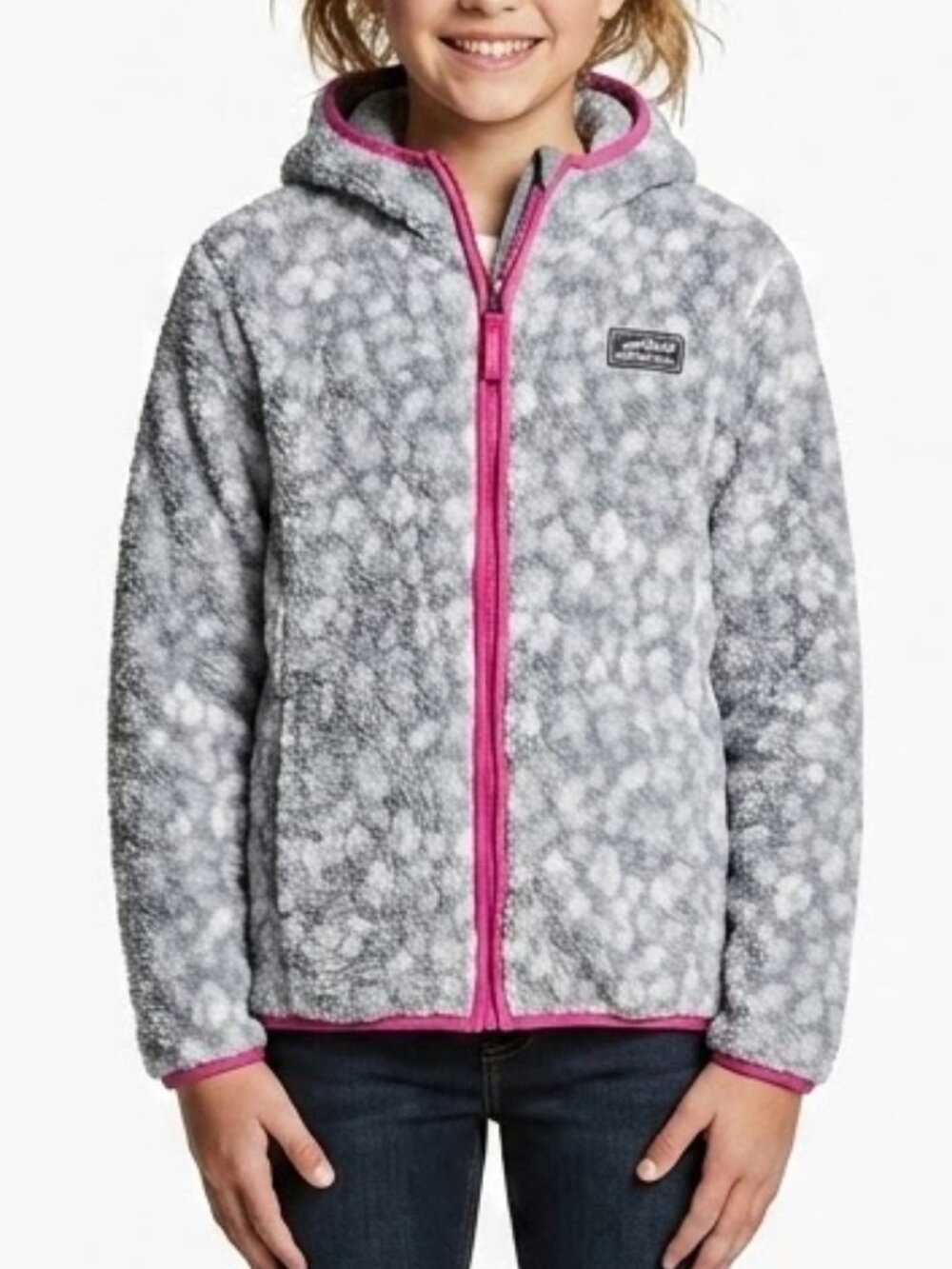 Eddie Bauer Girls Sherpa Fleece Hoodie Grey Pink Leopard Print Jacket L 14/16